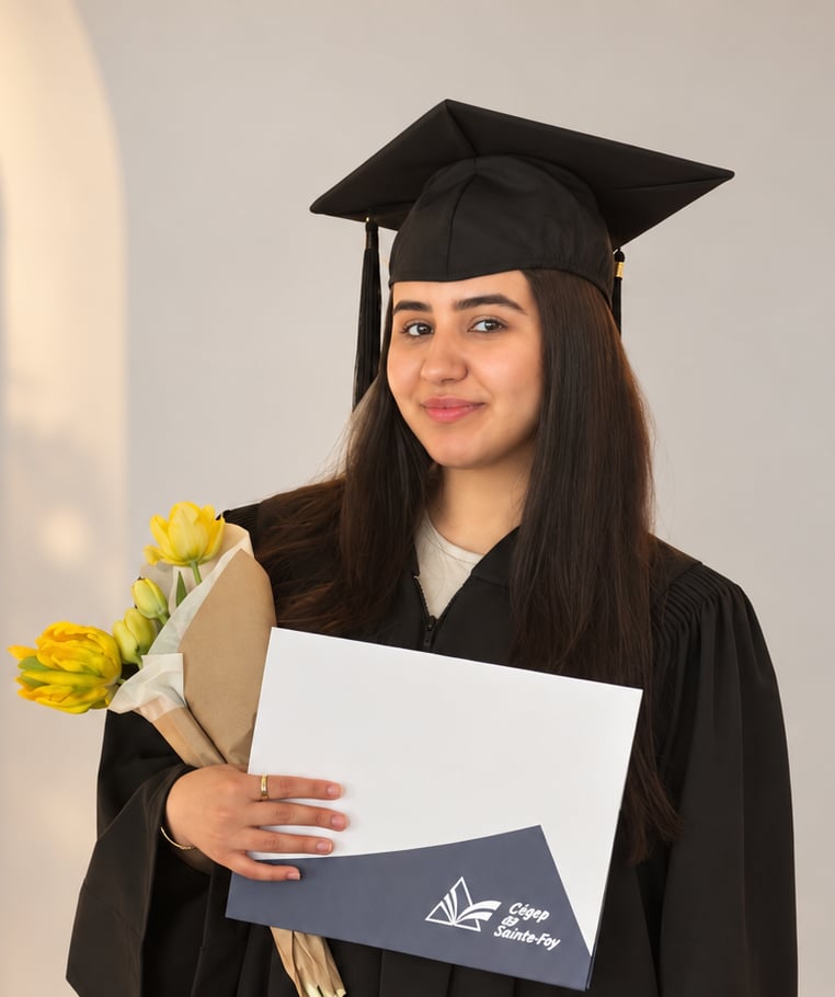 Abir Zouaki holding her diploma and a bouquet of flowers at her graduation ceremony