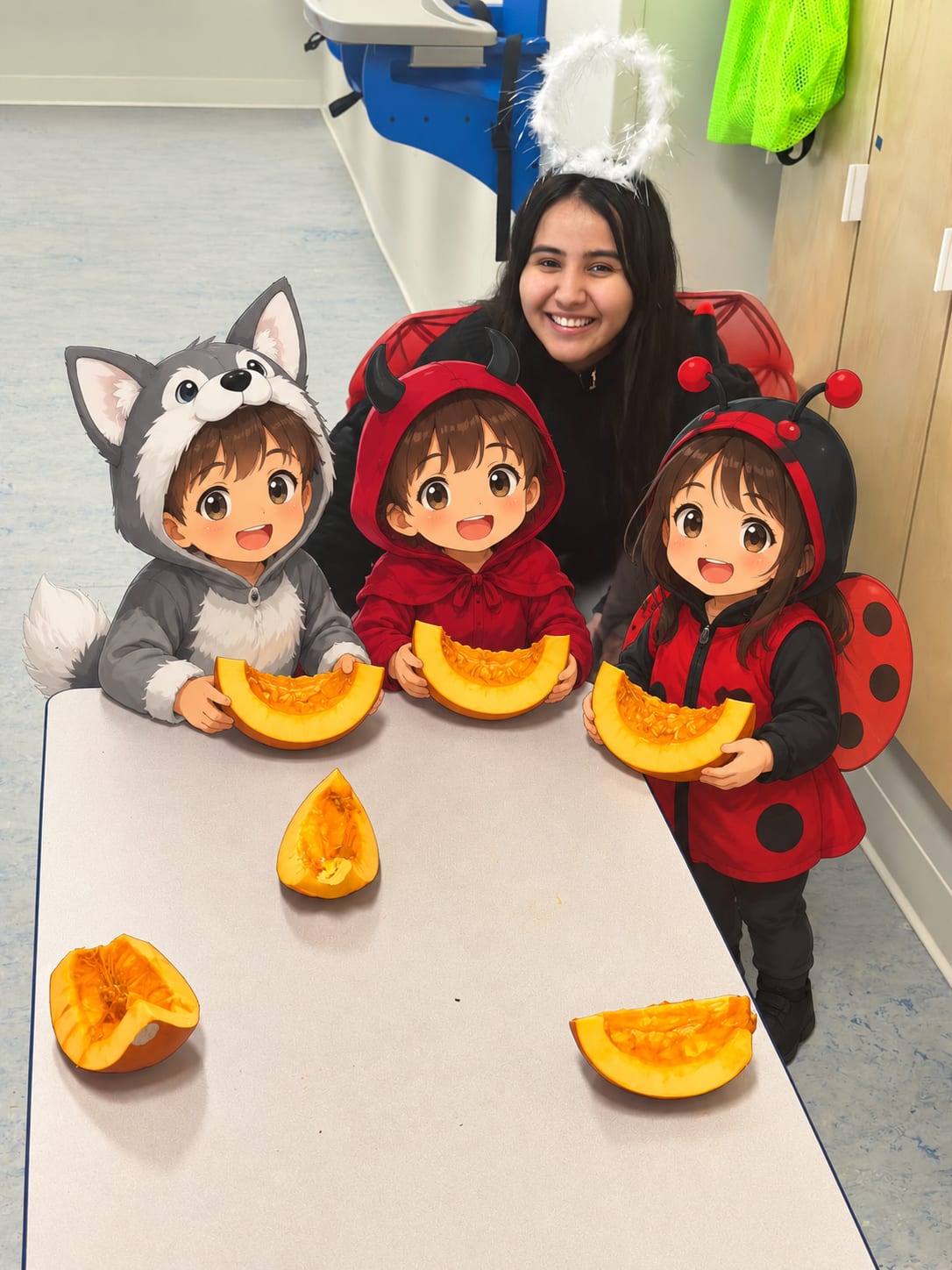 Abir Zouaki smiling with a group of children during an educational activity in a childcare setting